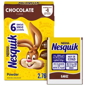 Front Center view of NESQUIK Chocolate Flavor Powder 6ct Carton 6 - 0.46 OZ (13g) ENVELOPES
NET 2.76 OZ (78g) product.