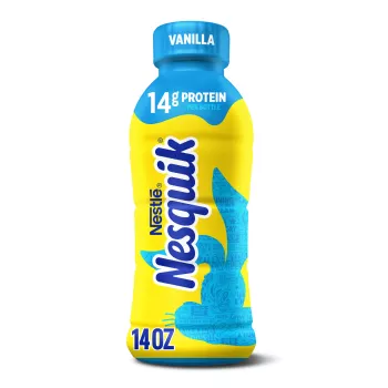 Una botella amarilla con tapa celeste y una silueta celeste de la cabeza del conejo de Nesquik.