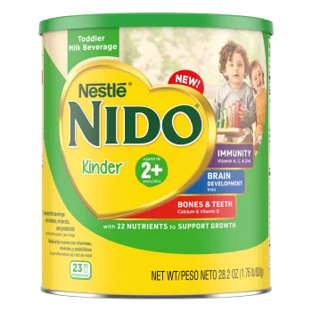 Imagen frontal centrada de una lata de bebida láctea en polvo NIDO 2+ de 28.2 oz. Lata de PESO NETO 28.2 oz (1.76 lb/800 g) de producto.