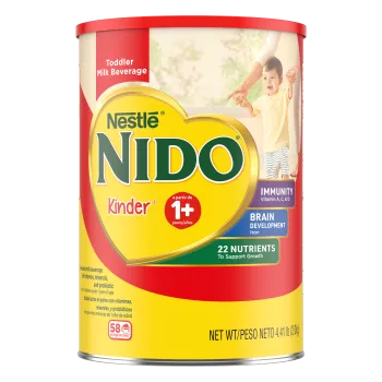 Front Center view of NIDO Kinder 1+ Powdered Milk Beverage 4.85 lb Canister NET WT 4.41 LB (2.0 kg) product.