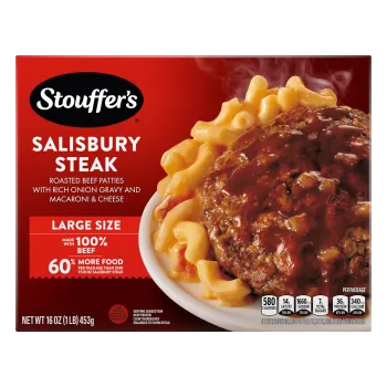 Caja de Salisbury Steak con un plato de carne de res y macarrones debajo del nombre del producto y una etiqueta que dice "100% PURA CARNE DE RES".