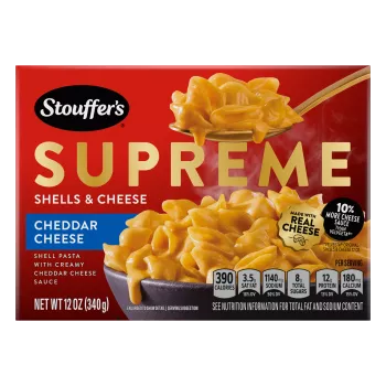 Vista frontal centrada del producto Supreme Cheddar Shells & Cheese de Stouffer's de PESO NETO 12 oz (340 g).
