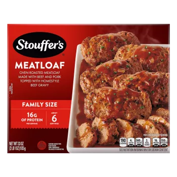 Box of Meatloaf with a dish and plate full of meatloaf and gravy beside the product name, logo and "FAMILY SIZE" label.