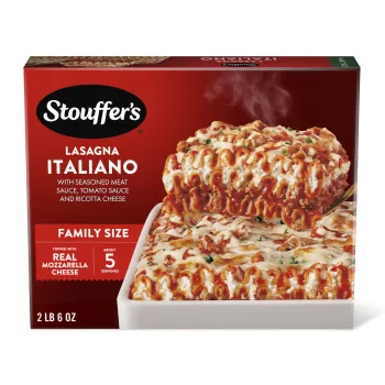 Box of Lasagna Italiano with a plate and dish full of lasagna below the product name and "Traditional Italian Recipes" label.
