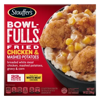 Caja de Fried Chicken & Mashed Potatoes Bowl-FULLS con un tazón de papas y pollo junto al nombre y el logotipo del producto.