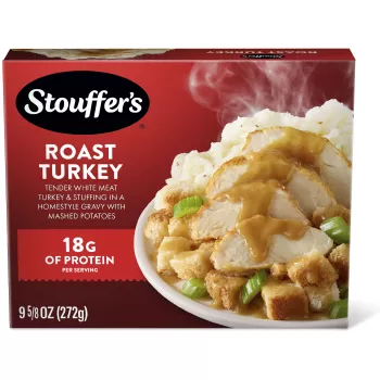 Box of Roast Turkey with a plate of turkey, stuffing, and mashed potatoes under the product name and STOUFFER'S logo.