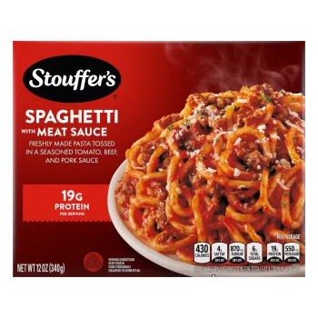 Caja de Spaghetti with Meat Sauce con un plato de pasta debajo del nombre del producto y del logo de STOUFFER'S.