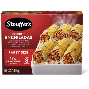 Box of Chicken Enchiladas with a dish of enchiladas beside forks & plates below the product name and "2x the Chicken" label.