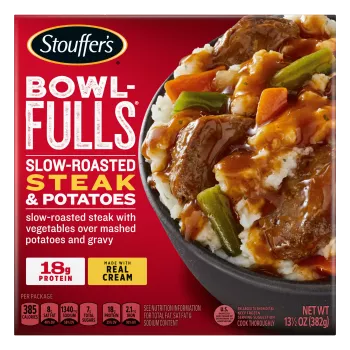 Box of Slow-Roasted Steak & Potatoes Bowl-FULLS with a bowl of steak and veggies beside the product name and logo.
