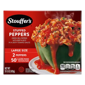 Box of Stuffed Pepper featuring a plate with green peppers and beef below the product name and "LARGE SIZE" label.