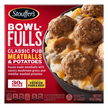 Caja de Classic Pub Meatballs & Potatoes Bowl-FULLS con un tazón de hongos, papas y albóndigas junto al nombre del producto.