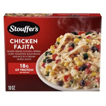 Vista frontal centrada de caja de comida congelada Chicken Fajita with Rice de 10 oz de STOUFFER'S. PESO NETO 10oz (283g).