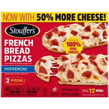 Box of Pepperoni French Bread Pizza with 2 pieces beside a blue label, the product name and vintage STOUFFER'S logo.