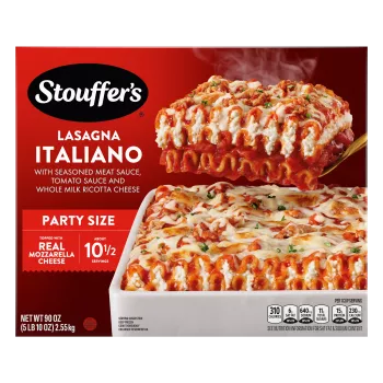 Caja de Lasagna Italiano con un plato lleno de lasaña debajo del nombre del producto y una etiqueta que dice "Recetas italianas tradicionales".