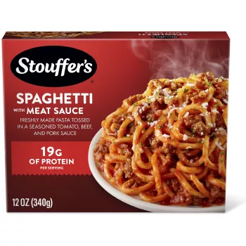 Box of Spaghetti with Meat Sauce featuring a plate of pasta under the product name and STOUFFER'S logo.