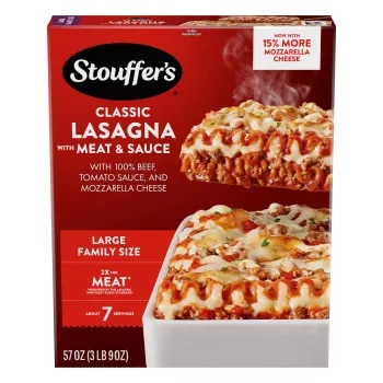 Box of Lasagna with Meat & Sauce featuring a plate and dish of lasagna near the product name and "2x the Meat" label.
