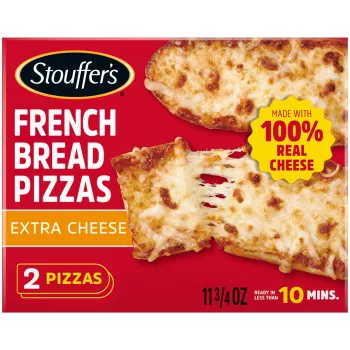 Box of Extra Cheese French Bread Pizza with 2 pieces beside an orange label, the product name and vintage STOUFFER'S logo.