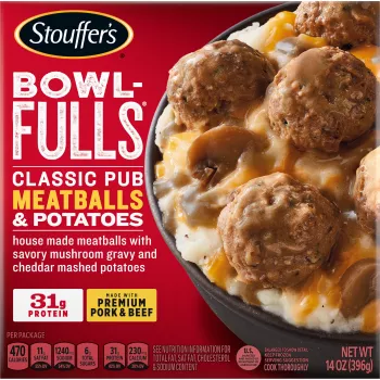 Box of Classic Pub Meatballs & Potatoes Bowl-FULLS with a bowl of mushrooms, potatoes and meatballs beside the product name.