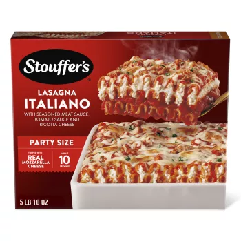 Caja de Lasagna Italiano con un plato lleno de lasaña debajo del nombre del producto y una etiqueta que dice "Recetas italianas tradicionales".