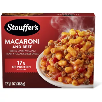 Box of Macaroni & Beef with a plate of macaroni on a table under the product name and STOUFFER'S logo.