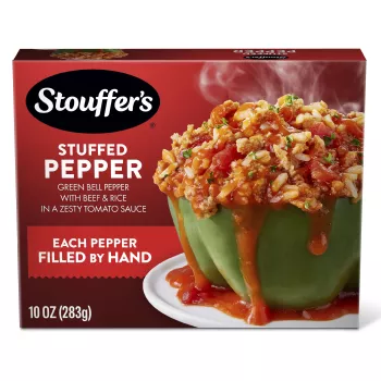 Box of Stuffed Pepper featuring a plate with a green pepper and beef below the product name and STOUFFER'S logo.