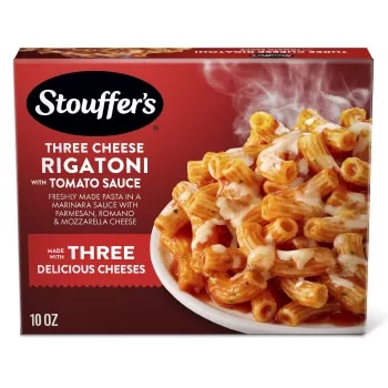 Vista frontal centrada de Frozen Meals Three Cheese Rigatoni with Tomato Sauce 10oz Box PESO NETO 10oz (283 g) de STOUFFER'S.