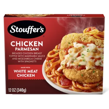 Box of Chicken Parmesan featuring a plate of spaghetti and chicken below the product name and STOUFFER'S logo.