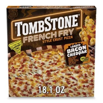 Front Center view of Tombstone French Fry Style Crust Loaded Bacon Cheddar Frozen Pizza 18.1 oz Box NET WT 18.1 oz (1 lb 2.1 oz) 515g product.