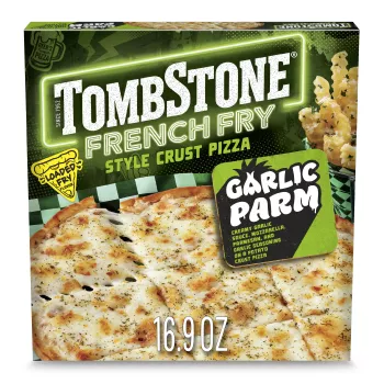 Front Center view of TOMBSTONE Frozen Pizza French Fry Style Crust Garlic Parmesan Pizza 16.9oz Carton NET WT 16.9 oz (1 lb 0.9 oz) 481 g product.