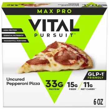 Front Center view of VITAL PURSUIT MAX PRO UNCURED PEPPERONI PIZZA NET WT 6 oz (170 g) product.