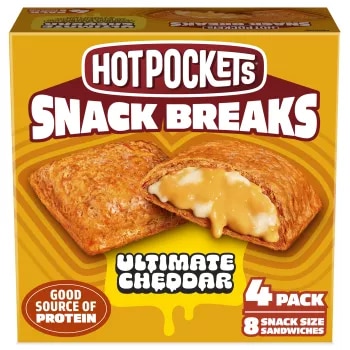 Front Center view of NESTLE HOT POCKETS Frozen Snack Breaks Cracker Crust Ultimate Cheddar 16oz Carton NET WT 16 oz (1 lb) 453 g product.