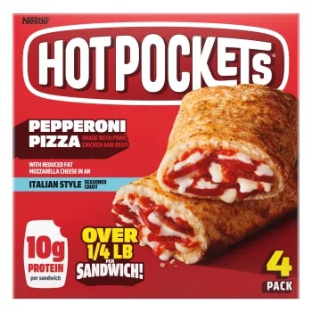Vista frontal centrada caja de sándwich congelado Pepperoni Pizza NESTLE HOT POCKETS 18oz., PESO NETO 18oz (1 lb 2oz) 510g.
