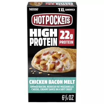 Vista frontal centrada de caja Hi Protein Frozen Sandwich Chicken Bacon Ranch de NESTLE HOT POCKETS PESO NETO 6.75oz (191g)