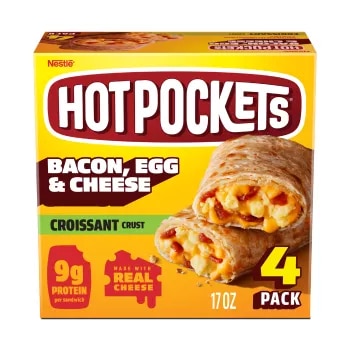 Front Center view of Hot Pockets Bacon Egg and Cheese 4 PK Frozen Sandwiches 17oz Box NET WT 17 oz (1 lb 1 oz) 481 g product.