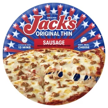 Vista frontal centrada de caja de pizza congelada sabor Sausage con Masa Final Original de Jack's con peso neto de 14.9 oz (423 g).