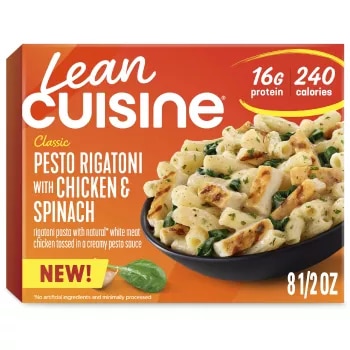 Front Center view of LEAN CUISINE Frozen Meal Pesto Rigatoni Chicken Spinach 8.5oz Carton NET WT 8 1/2 oz (241 g) product.