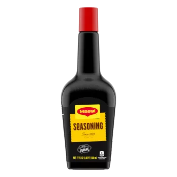 Foto con vista del frente de un envase de Sazonador europeo MAGGI de 800 ml con una etiqueta amarilla y roja brillante que lee Sazonador.