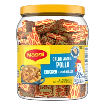 Vista frontal centrada de envase de tabletas de caldo sabor pollo Maggi con PESO NETO 51.9 oz (3.24 lb) 1.472 kg.