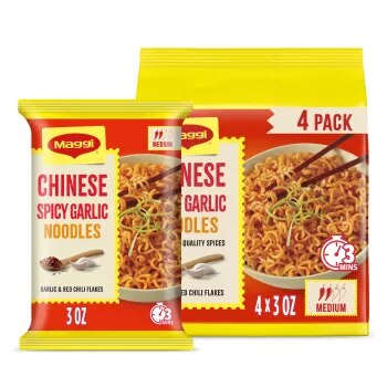 Front Center view of Maggi Chinese Spicy Garlic Noodles 4 pack product.