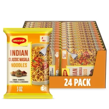 Front Center view of MAGGI Mild Indian Classic Masala Noodles 24x3.1oz 24 / 3 OZ (89 g) PACKS
NET WT 75.3 oz (4 lb 11.3 oz) 2.13 kg product.