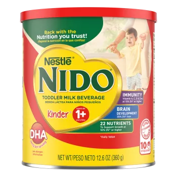 Imagen frontal centrada de una lata de bebida láctea en polvo NIDO 1+ de 360 g.