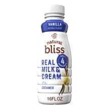 Botella blanca de creamer natural bliss Vanilla con etiqueta azul, vainas de vainilla y el nombre del producto.