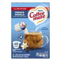 Box of single serve French Vanilla Coffee Creamer with a coffee mug, vanilla beans and a America’s #1 Creamer Brand badge.