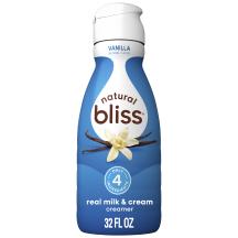 Botella blanca de creamer natural bliss sabor vainilla con etiqueta azul, vainilla y letrero que dice solo 4 ingredientes.