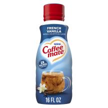 A blue bottle of French Vanilla Coffee Creamer with a coffee mug, vanilla beans and a America's #1 Creamer Brand badge.