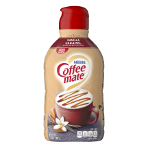 Una botella de creamer en polvo Coffee mate Vanilla Caramel con una taza de café y caramelo derretido debajo del logotipo del producto.