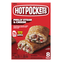 Caja de Philly Steak & Cheese Hot Pockets® con el nombre y la imagen del producto y cartel de "Paquete de 8" en una esquina.