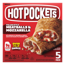 Box of Italian Style Meatballs and Mozzarella Hot Pockets® with the product name, image and “5 Pack” label in the corner.