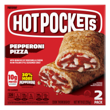 Box of Pepperoni Pizza Hot Pockets® with the product name, product image and a “2 Pack” label in the bottom right corner.