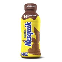 Una botella amarilla con tapa marrón y una silueta marrón de la cabeza del conejo de Nesquik.